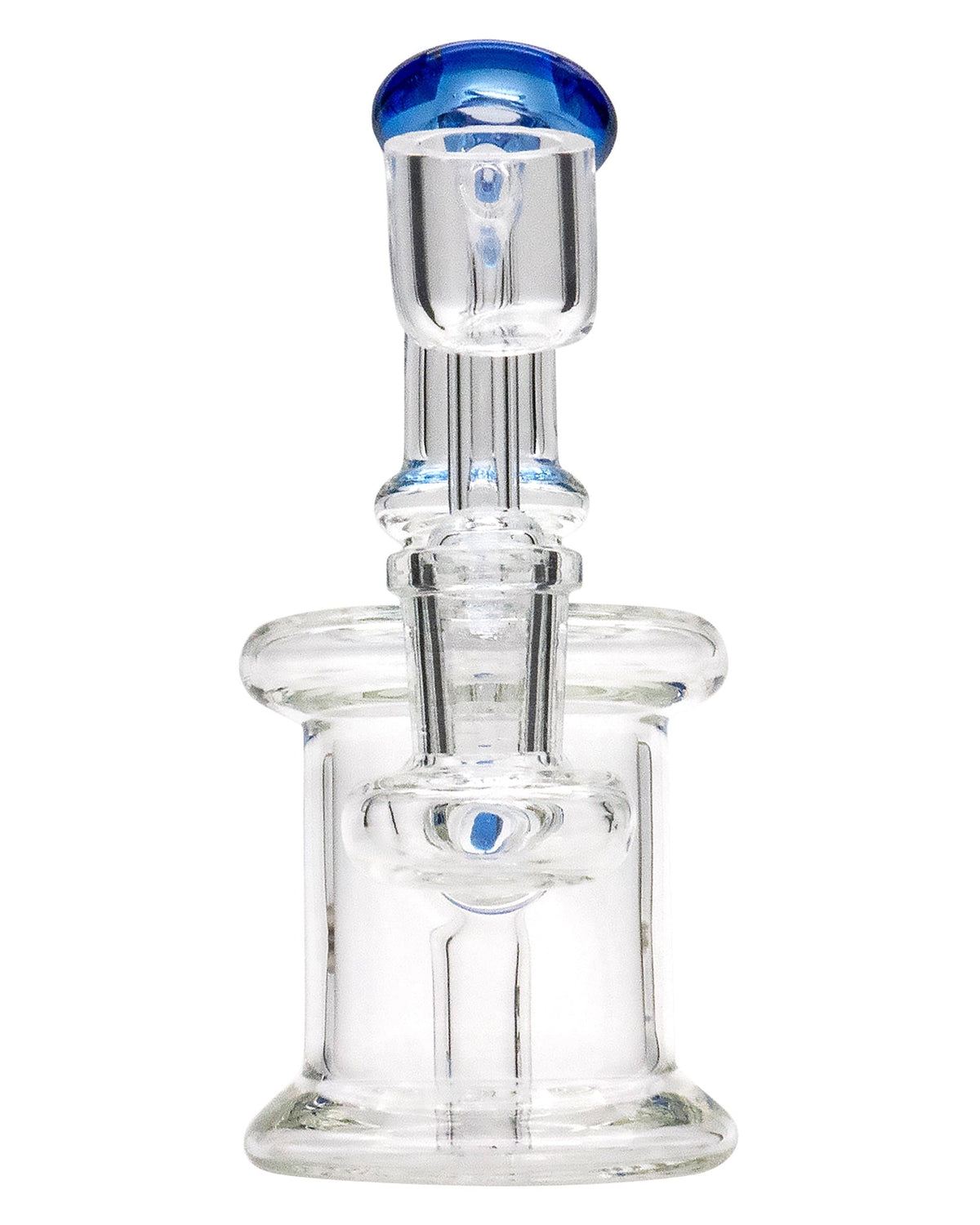 Front view of the Mini Barrel Dab Rig, a clear glass rig with a rounded base and simple cylindrical neck.