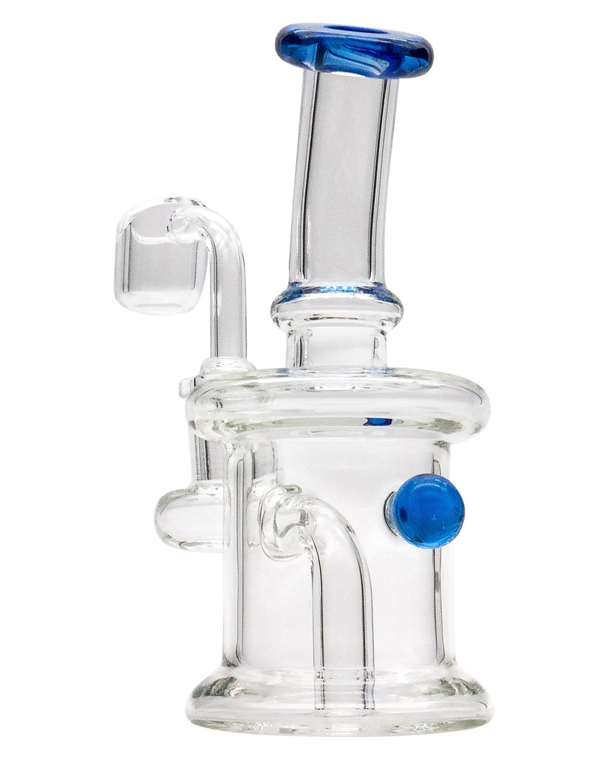 Front view of the Mini Barrel Dab Rig, a small clear glass rig with a blue accent and angled joint visible.