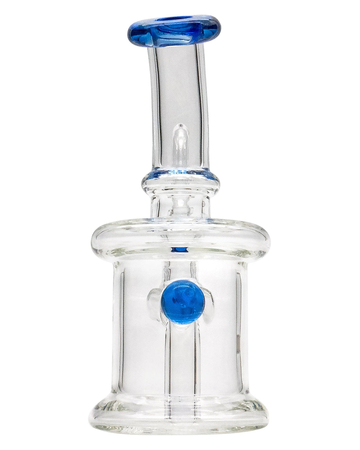 Front view of the Mini Barrel Dab Rig, a compact glass rig with a rounded base and clear construction.