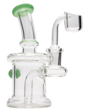 Front view of the Mini Barrel Dab Rig, showcasing its clear glass construction and compact barrel shape with a green accent.