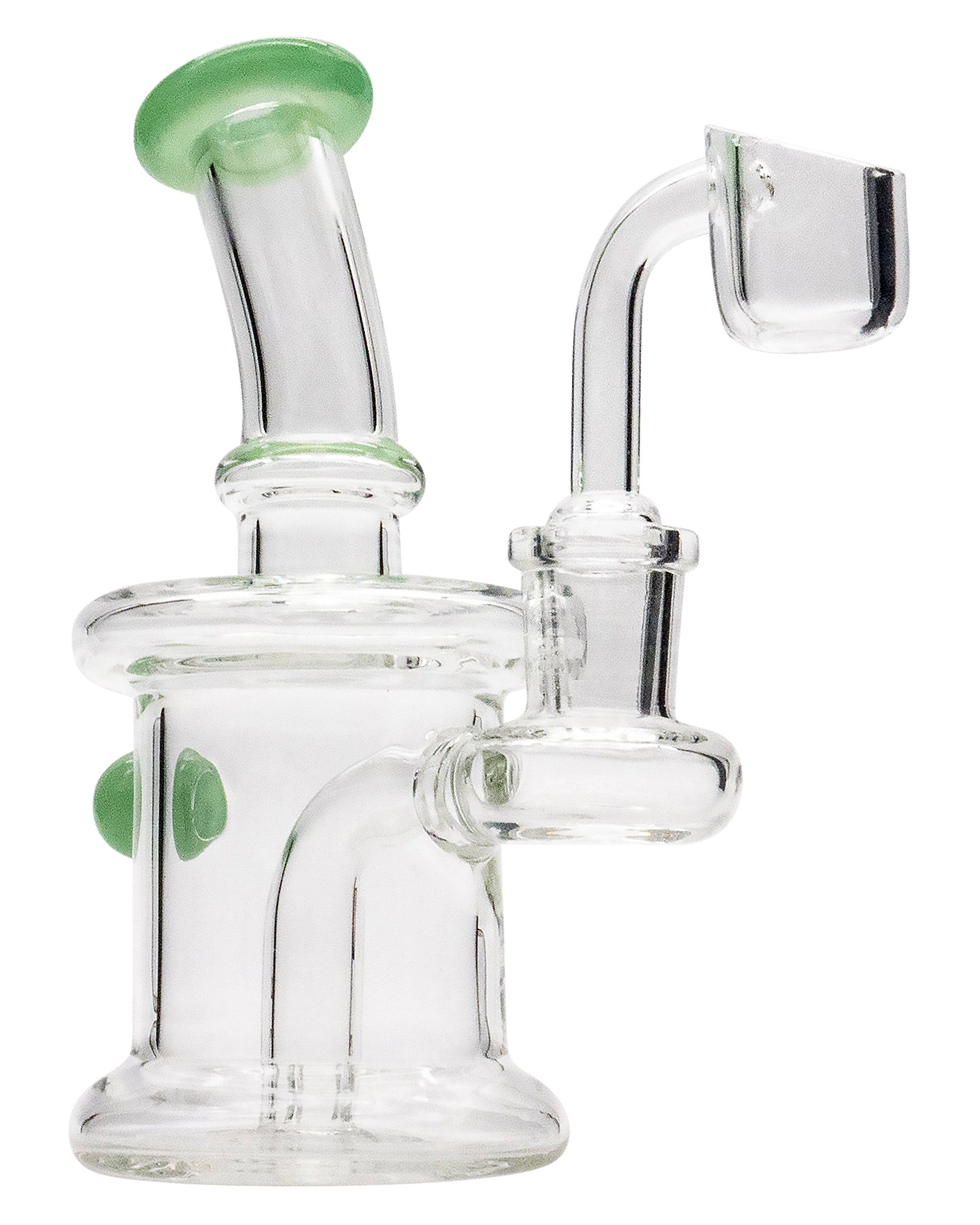 Front view of the Mini Barrel Dab Rig, showcasing its clear glass construction and compact barrel shape with a green accent.