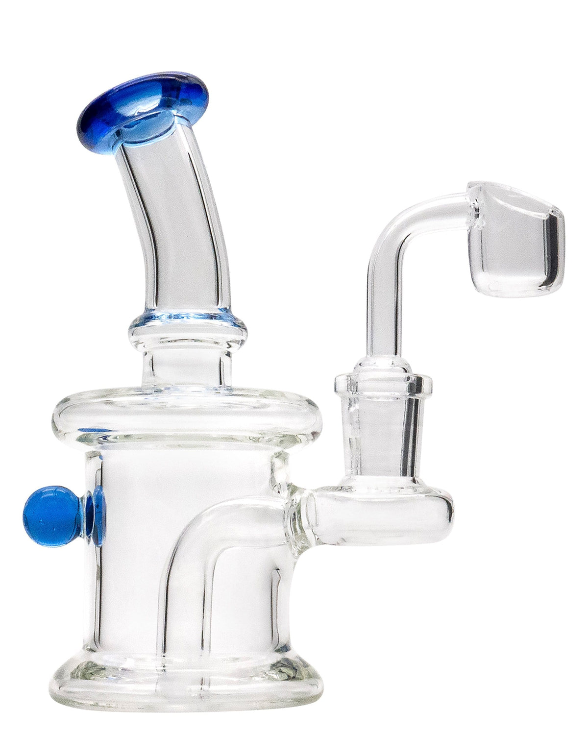 A front view of the Mini Barrel Dab Rig, showcasing its clear glass construction and compact size with a blue accent.