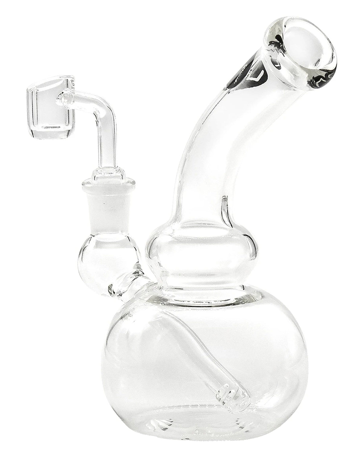 A front view of the Mini Bubble Beaker Rig, showcasing the clear glass construction and rounded beaker shape.