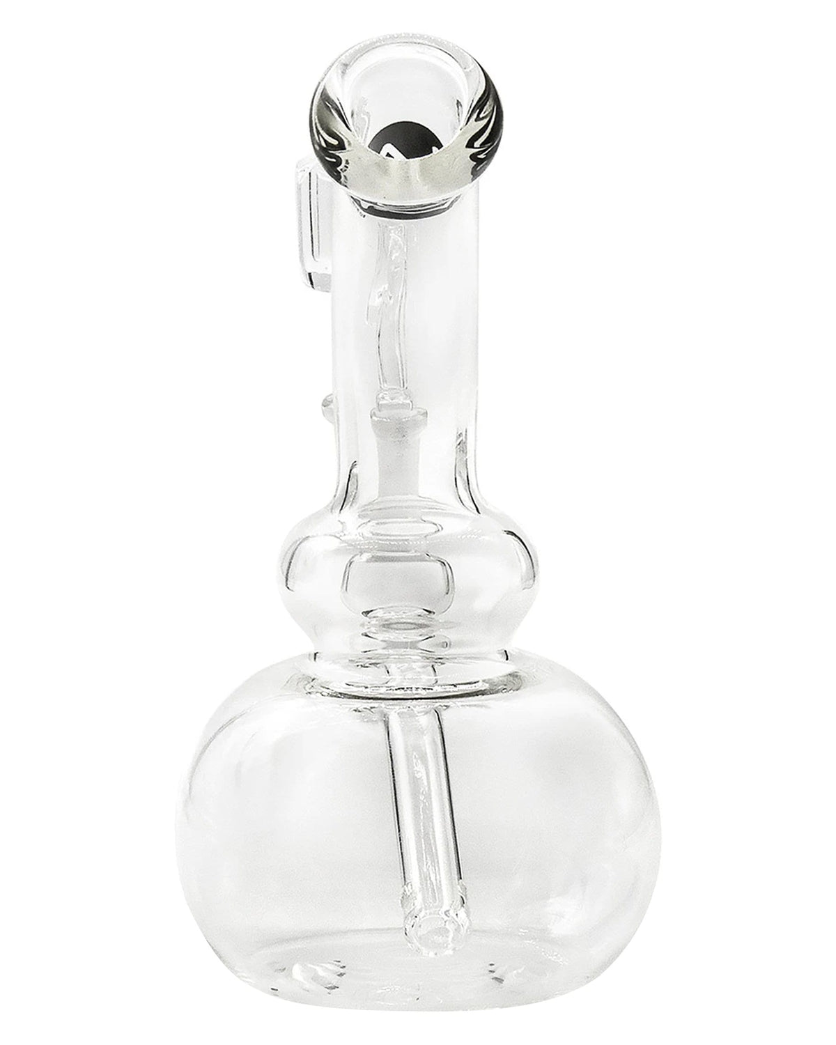 A straight-on view of the Mini Bubble Beaker Rig, showing the clear glass construction and rounded beaker shape.