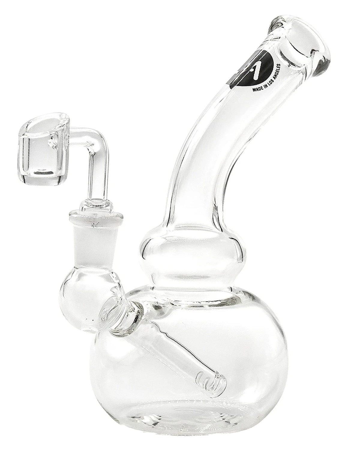 A front view of the Mini Bubble Beaker Rig, displaying a clear glass rig with a rounded base and angled neck.