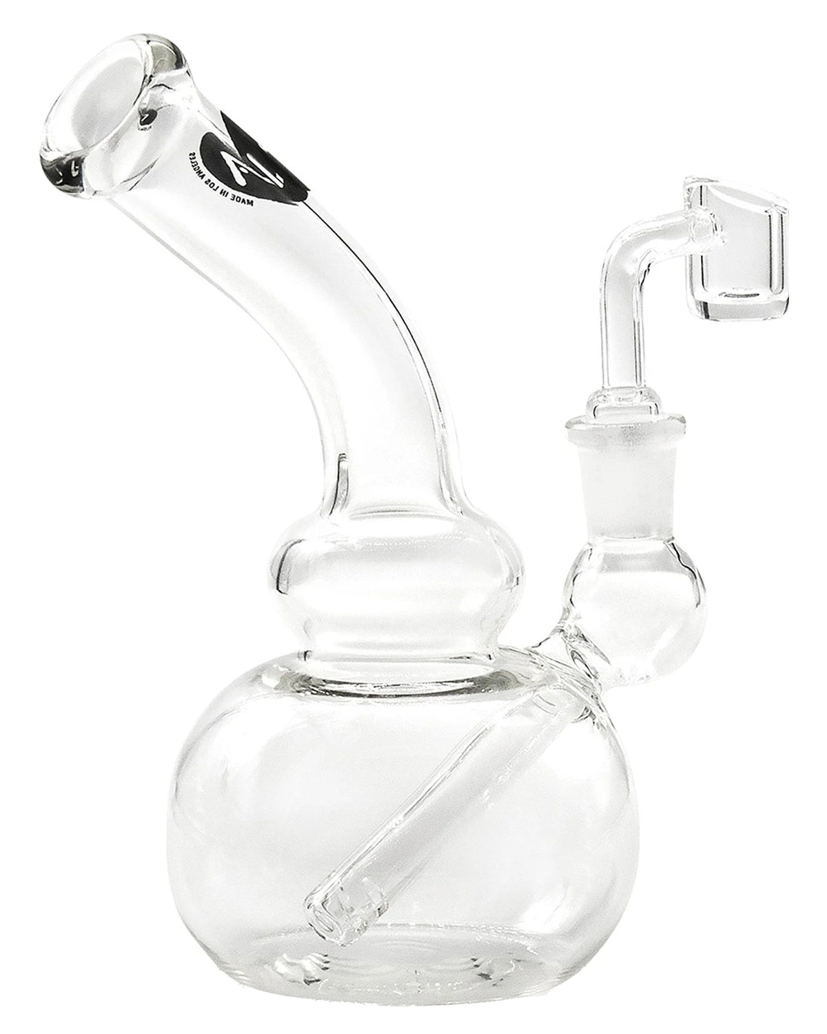 Front view of the Mini Bubble Beaker Rig, a clear glass piece with a rounded beaker base and simple tube design.