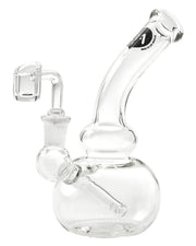 A studio shot displays the Mini Bubble Beaker Rig, highlighting its clear glass construction and beaker shape.