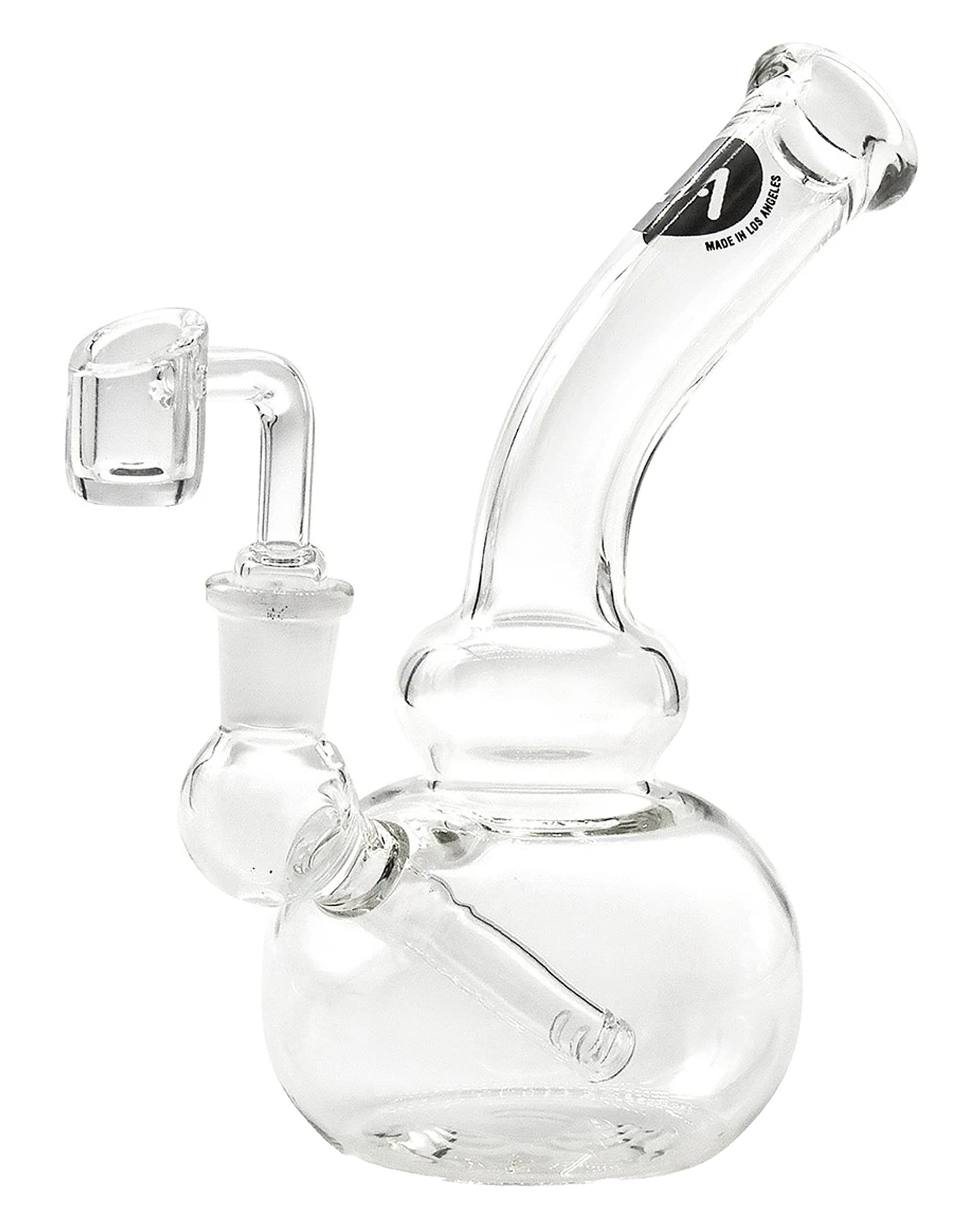 A studio shot displays the Mini Bubble Beaker Rig, highlighting its clear glass construction and beaker shape.