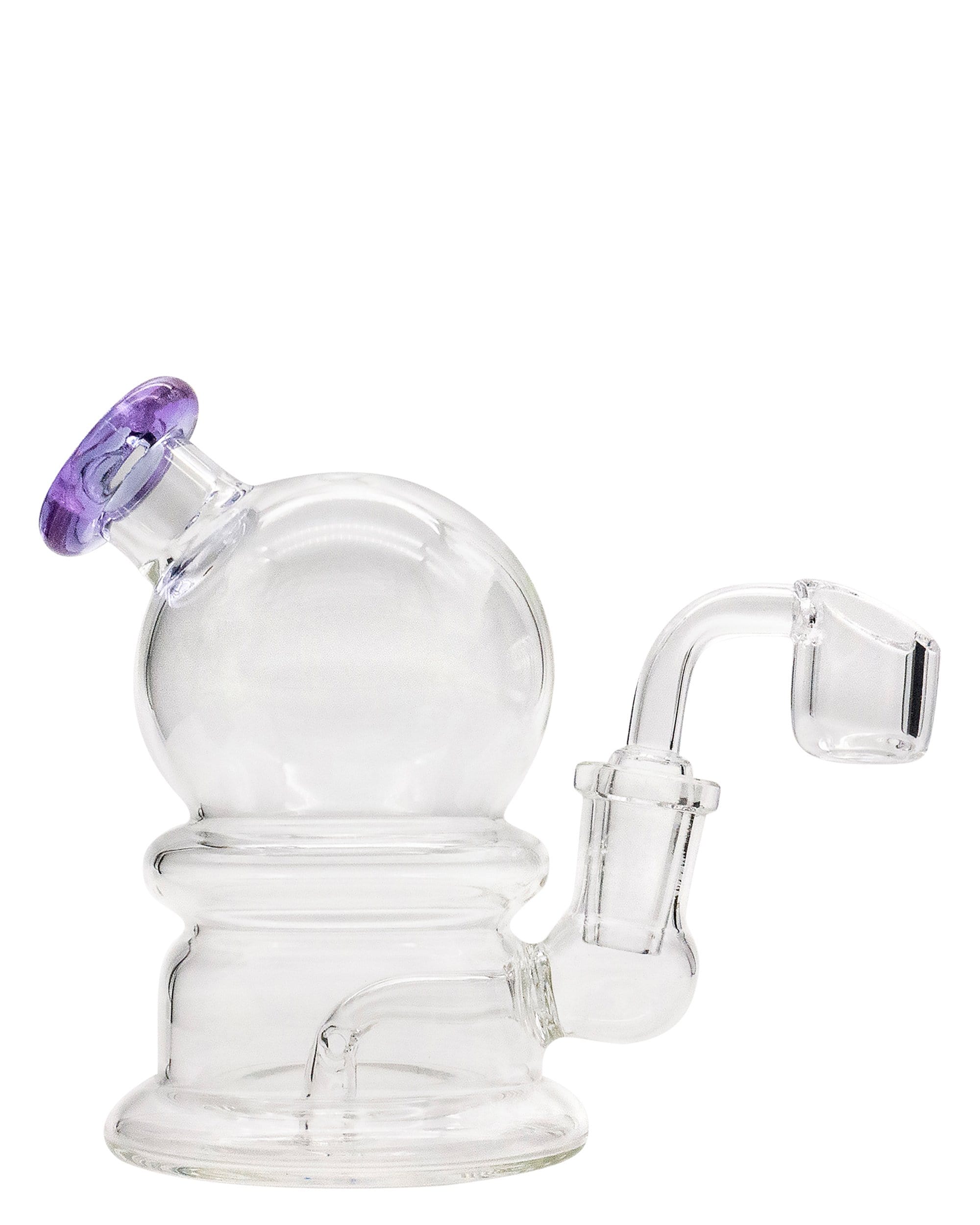 Front view of the Nano Globe Rig, a clear glass rig with a rounded base and angled neck.