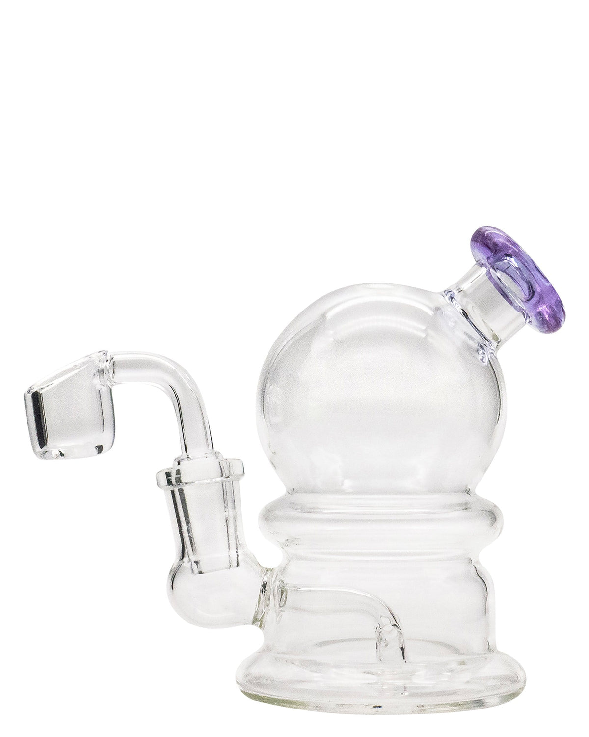A front view of the Nano Globe Rig, showcasing its clear glass construction and compact, rounded design.