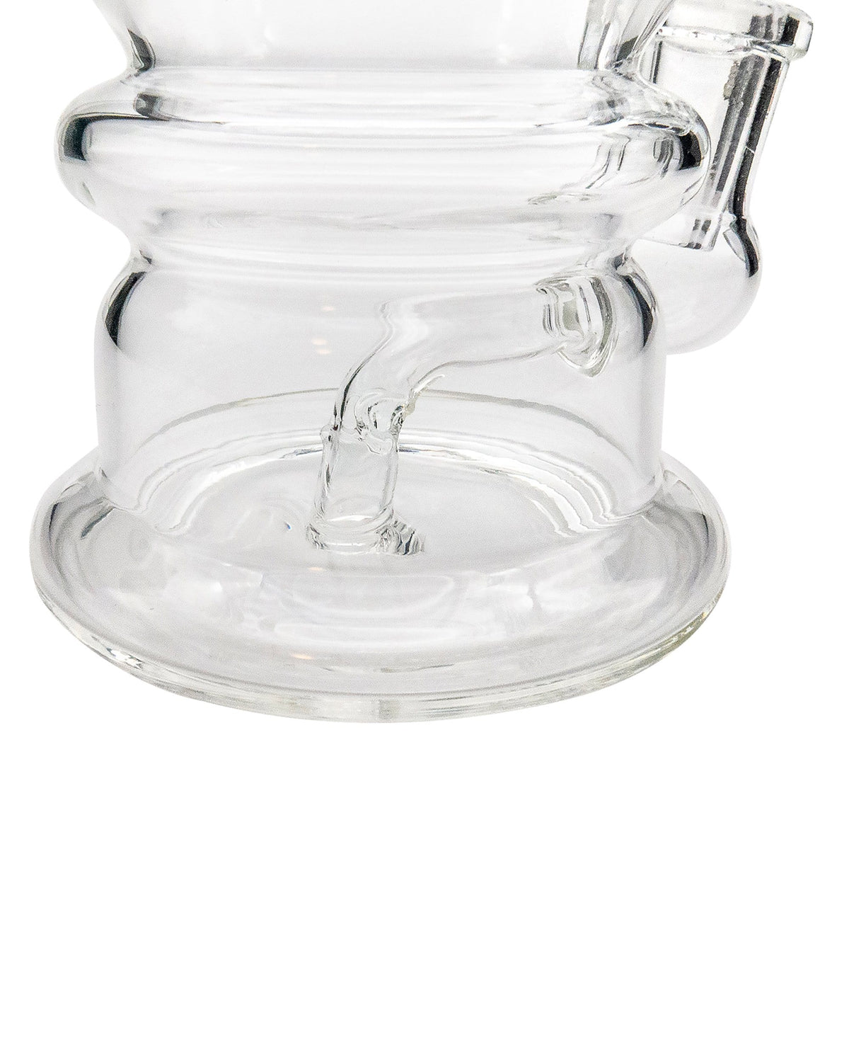 A close-up, angled view of the Nano Globe Rig, showcasing its clear glass construction and rounded base.