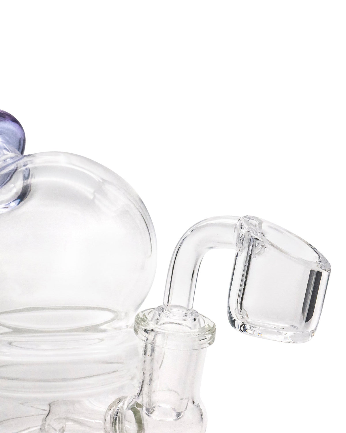 A close-up view of the Nano Globe Rig, showcasing the clear glass joint and rounded form from a slightly angled perspective.