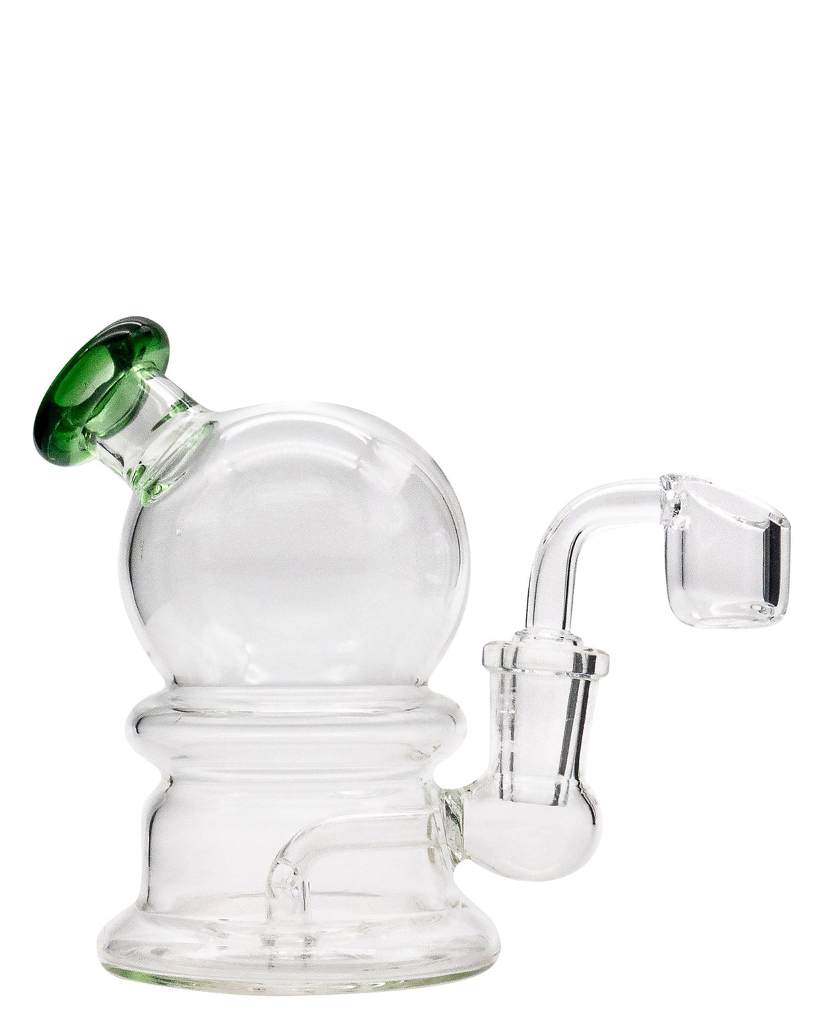 Front view of the Nano Globe Rig, a small clear glass rig with a rounded base and a joint visible at the top.