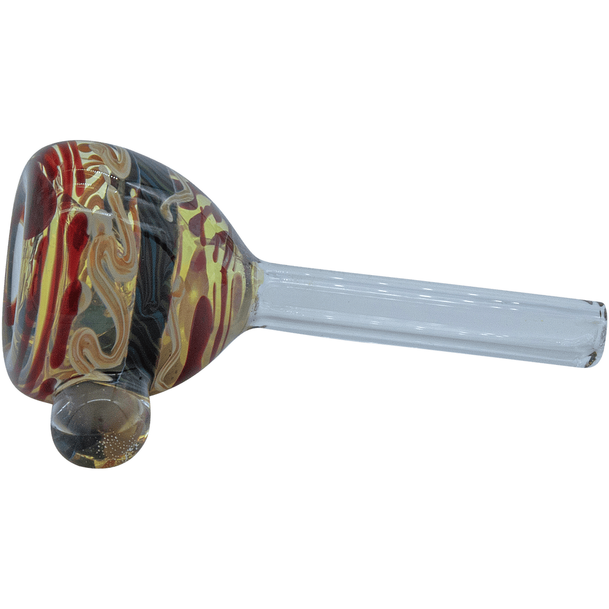 Front view of the Painted Warrior Pull-Stem Slide Bowl, showcasing its colorful glass design and curved stem.