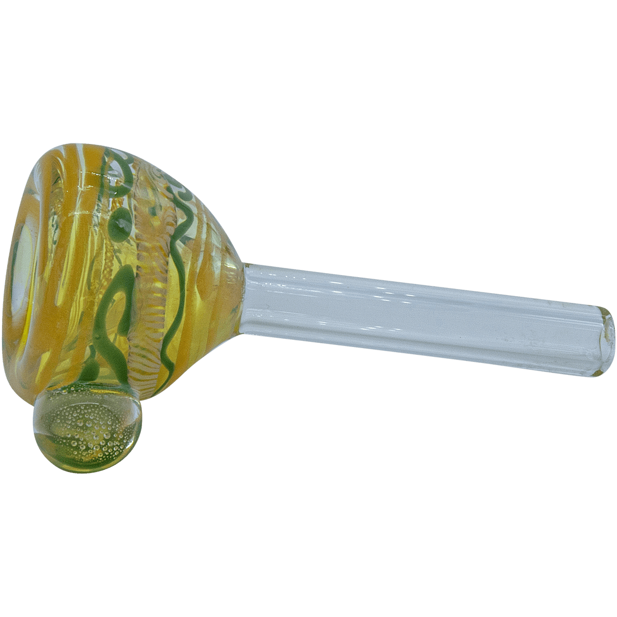 A side view of the Painted Warrior Pull-Stem Slide Bowl, showcasing its colorful, patterned glass construction.