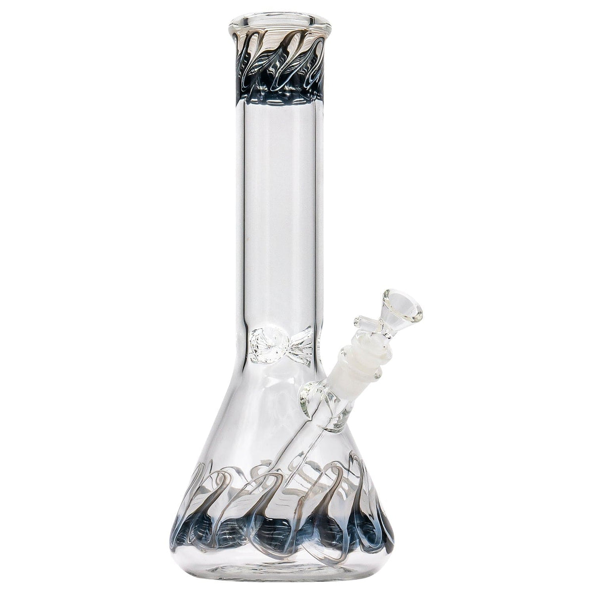 Front view of the “Phoenix Rising” Color Wrapped Beaker Bong, displaying a clear glass form with colorful, swirling accents.