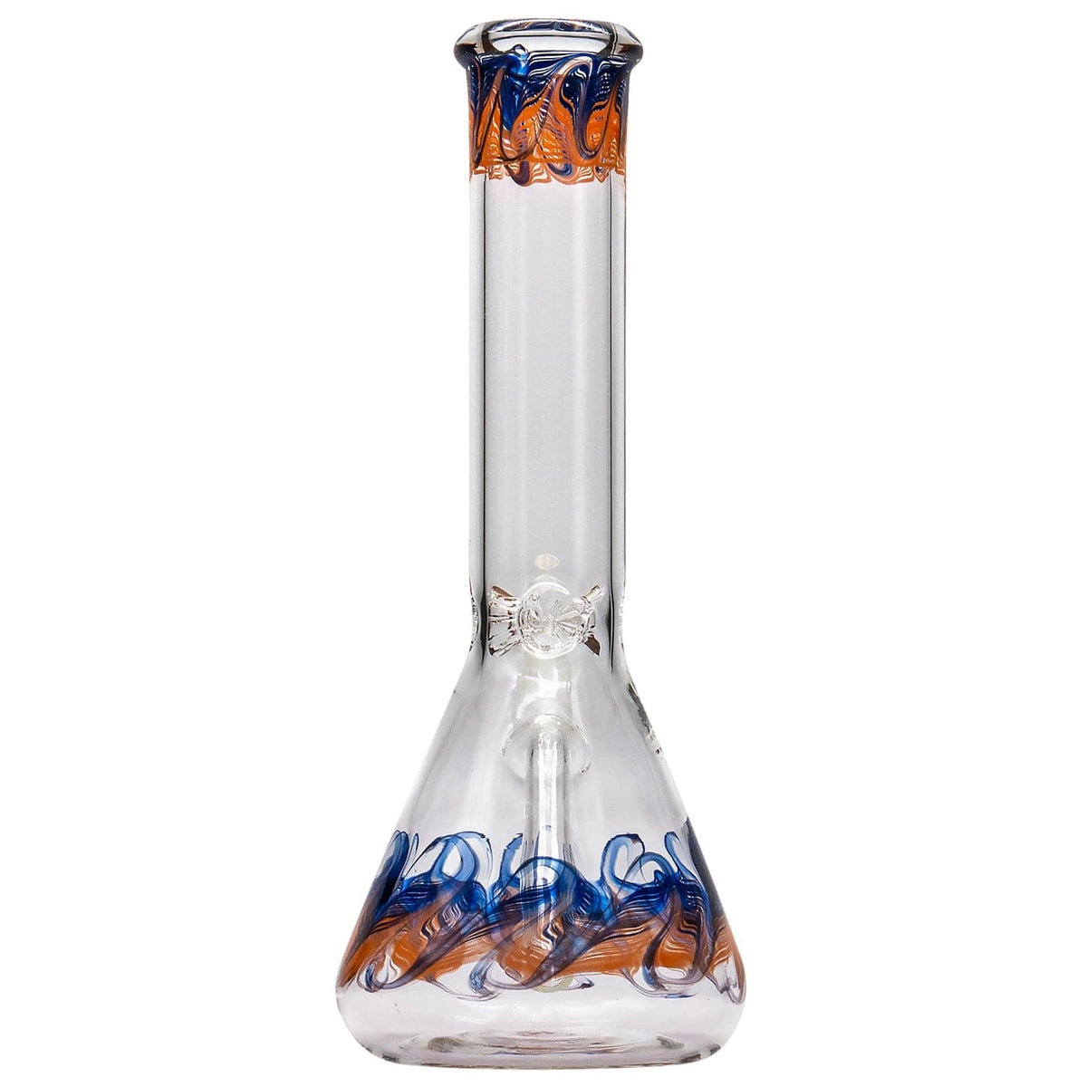 Front view of the “Phoenix Rising” Color Wrapped Beaker Bong, showcasing its clear glass construction with vibrant, swirling color accents.