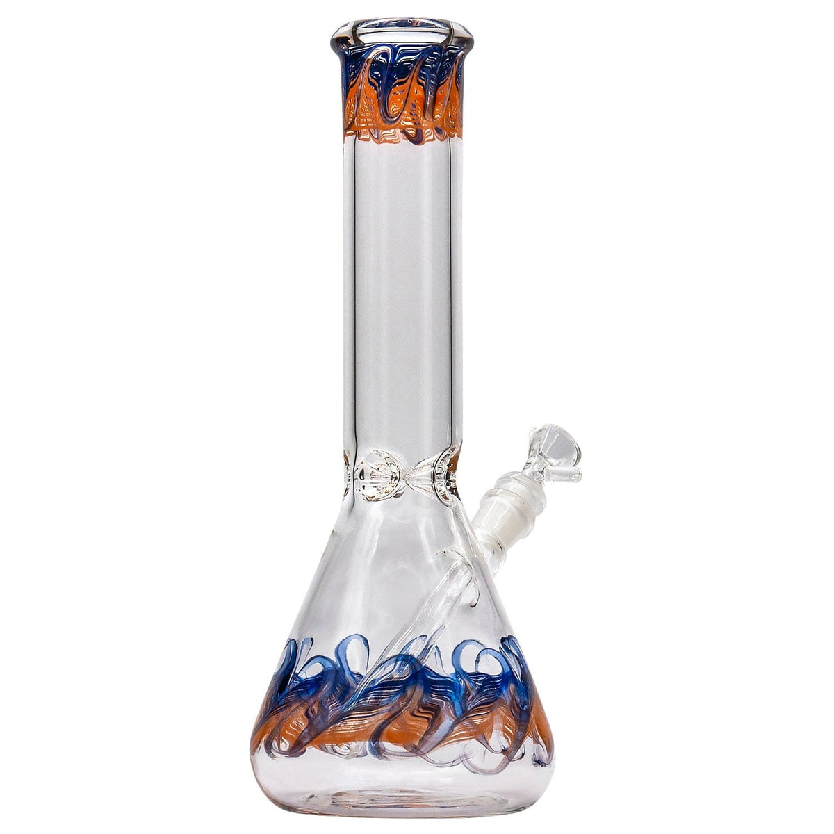 Front view of the “Phoenix Rising” Color Wrapped Beaker Bong, showing its clear glass construction with colorful swirls.
