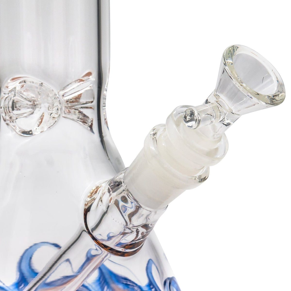 A close-up view of the joint on the “Phoenix Rising” Color Wrapped Beaker Bong, showing the clear glass construction.