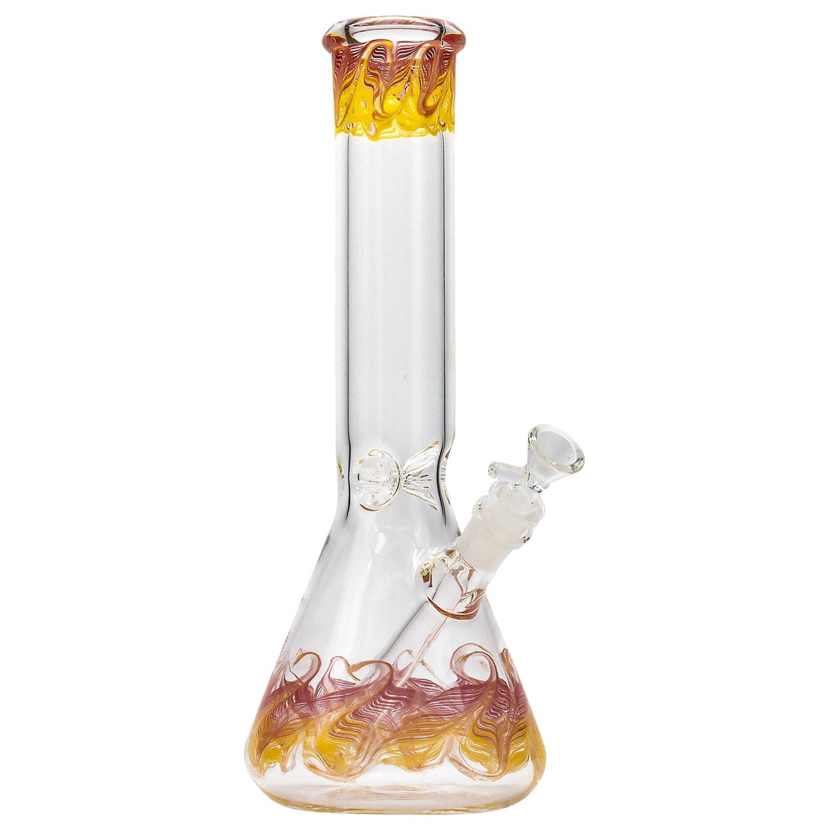 Front view of the “Phoenix Rising” Color Wrapped Beaker Bong, featuring a clear glass body with vibrant color accents.