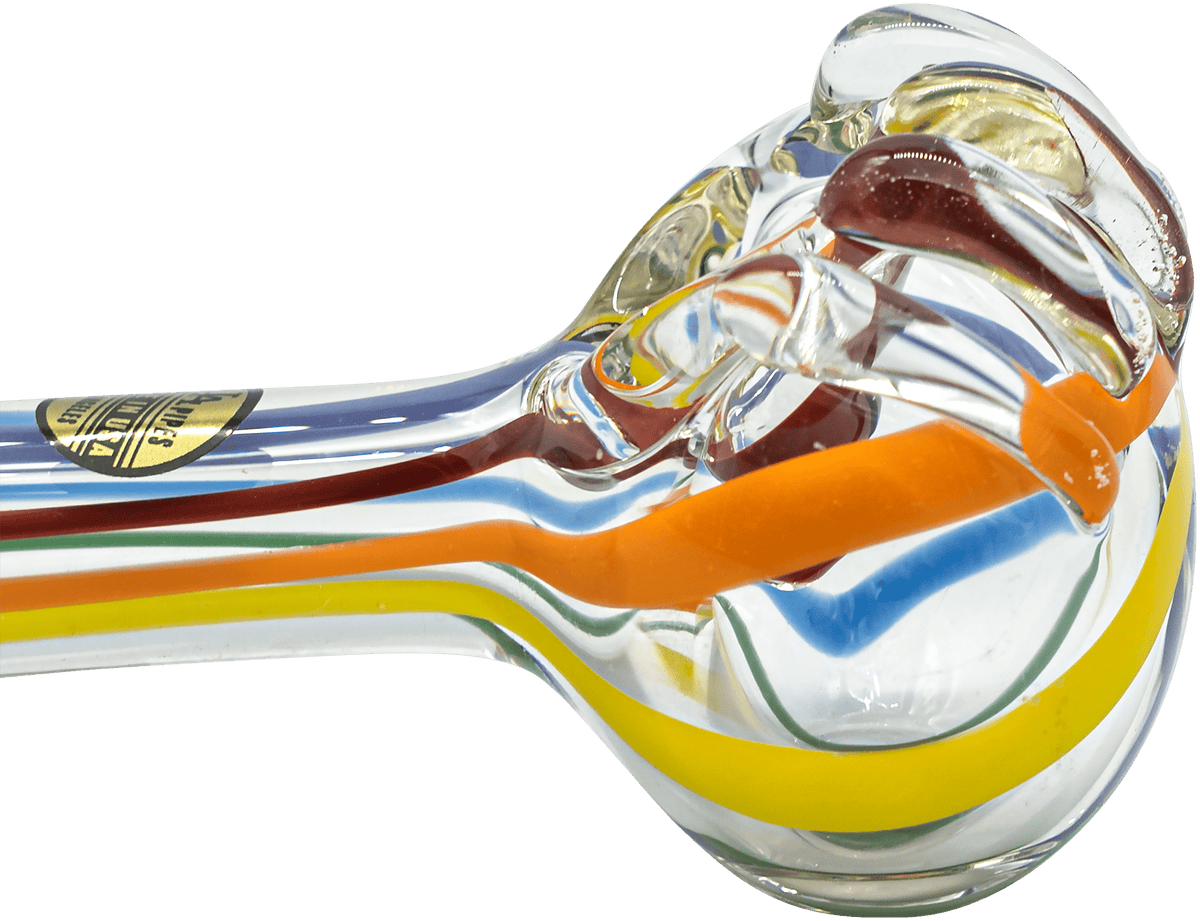 A close-up, angled view of the Rainbow Ripper Spoon Pipe, showcasing its vibrant glass coloring and curved design.