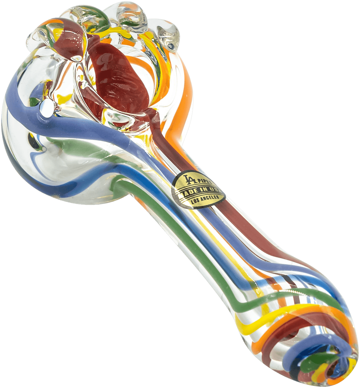 A close-up, angled view of the Rainbow Ripper Spoon Pipe, featuring a colorful, swirled glass design.