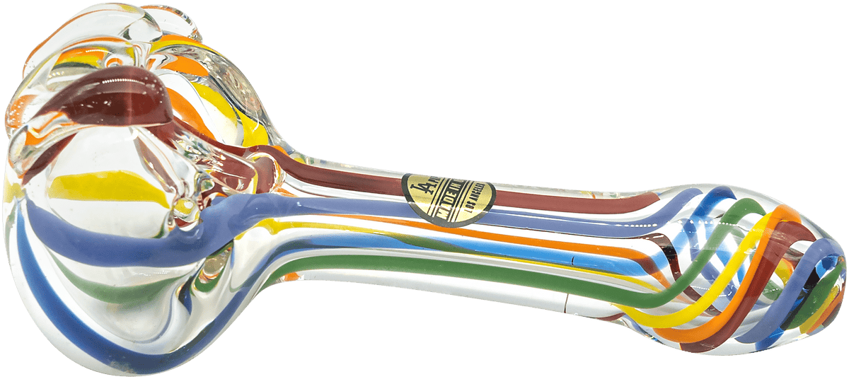 A close-up, angled view of the Rainbow Ripper Spoon Pipe, showcasing its colorful glass design.
