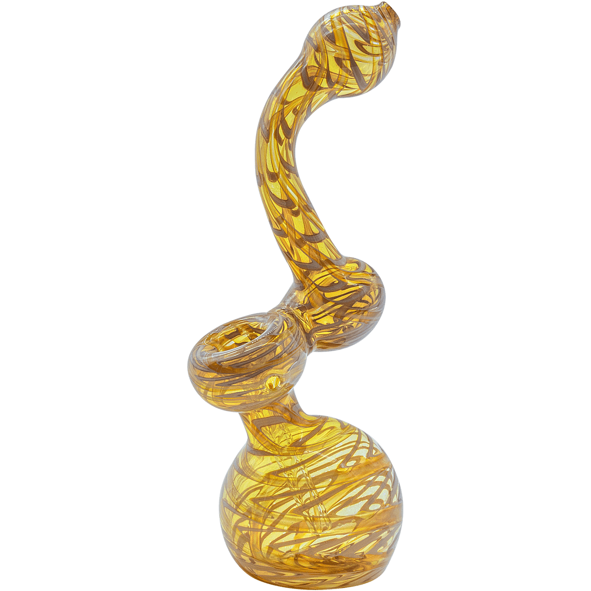 A close-up, angled view of the Raked Fumed Sherlock Bubbler Pipe, displaying its textured, light-and-dark glass swirl design.