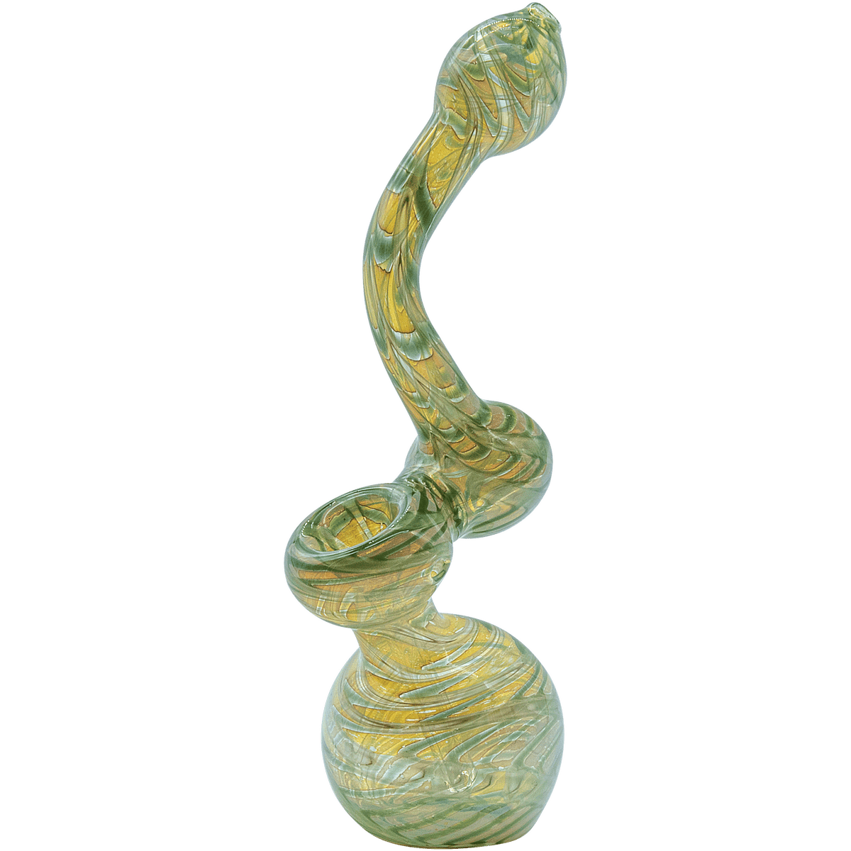 Front view of the Raked Fumed Sherlock Bubbler Pipe, showcasing its green and yellow swirled glass design.