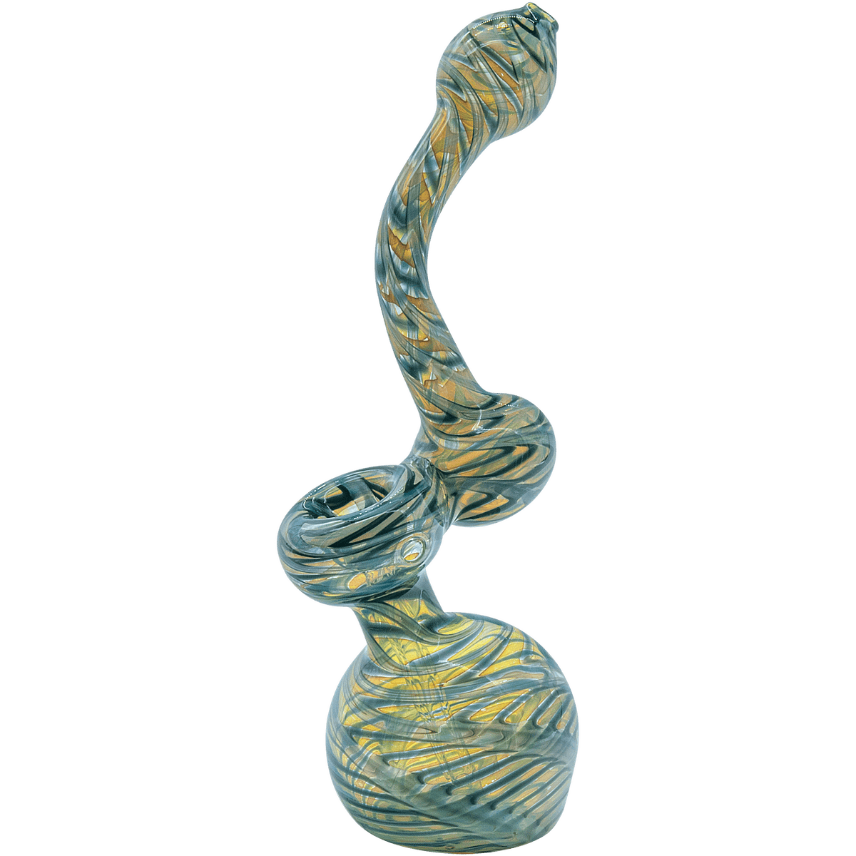 Front view of the Raked Fumed Sherlock Bubbler Pipe, a swirled glass piece with a curved neck and visible smoke chamber.