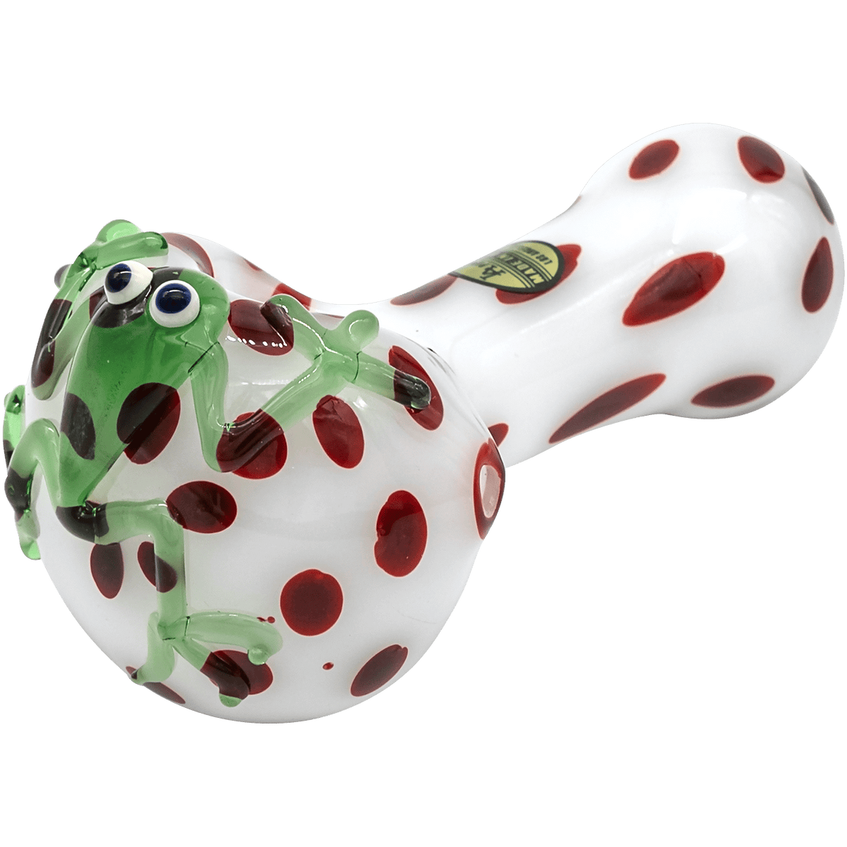 A close-up, angled view of the “Spotted Poison Frog” Spoon Glass Pipe, showcasing its vibrant, speckled design.