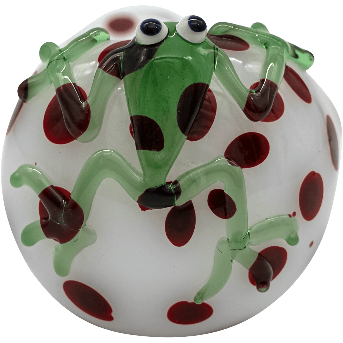 Front view of the “Spotted Poison Frog” Spoon Glass Pipe, showcasing a vibrant, colorful design on clear glass.