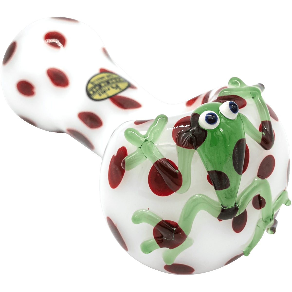A close-up shows the "Spotted Poison Frog" Spoon Glass Pipe with a vibrant, colorful design against a plain white background.