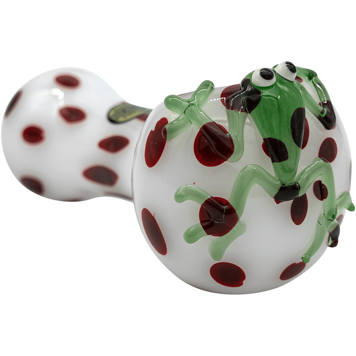 Front view of the “Spotted Poison Frog” Spoon Glass Pipe, showcasing a colorful, spotted design on clear glass.