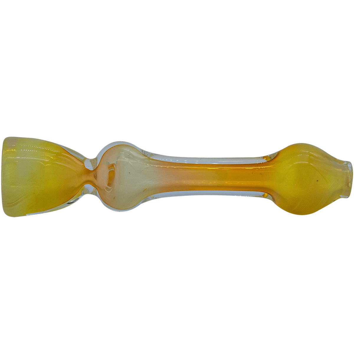 A close-up, angled view of The "Chill Fumes" Silver Fumed Chillum, showcasing its silver-fumed glass and simple cylindrical shape.