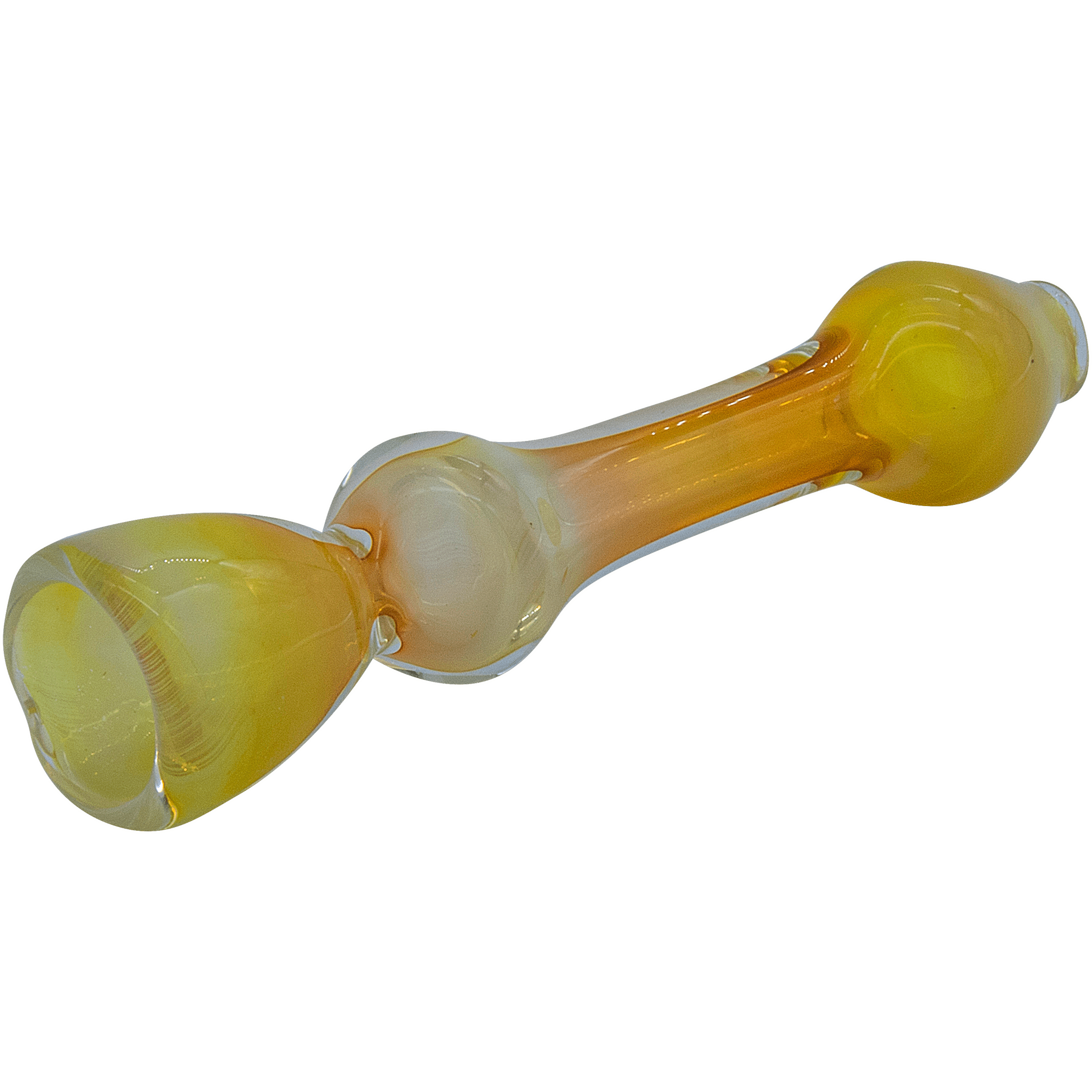 A close-up, angled view of The "Chill Fumes" Silver Fumed Chillum, showing the glass one-hitter with a silver fume finish.