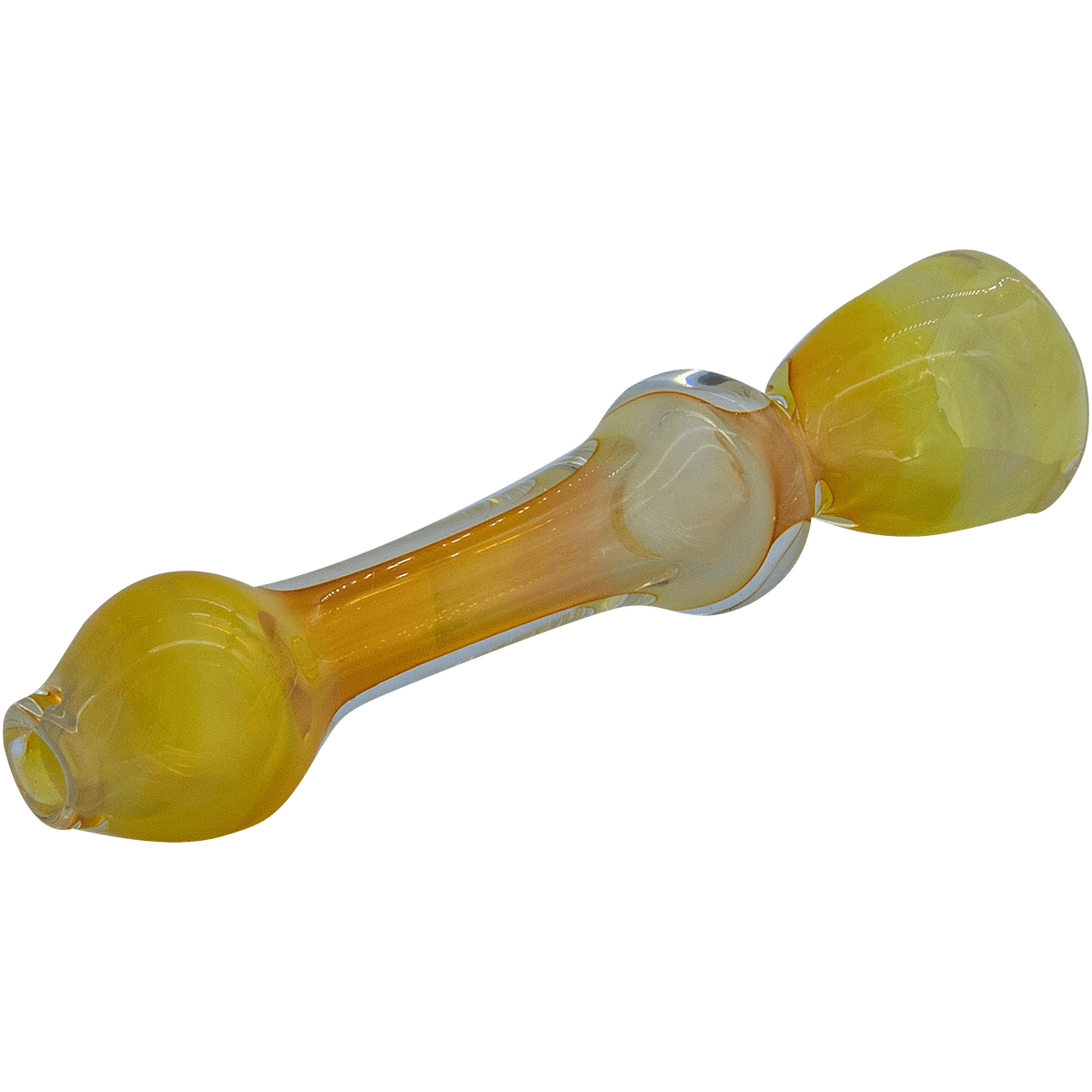 A close-up, angled view of The "Chill Fumes" Silver Fumed Chillum, showcasing its glass construction and subtle silver fume.