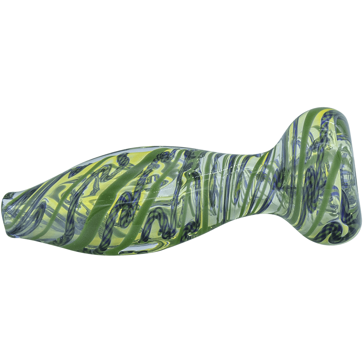 A side view of “The Flat Belly” Inside-Out Chillum, a glass smoking pipe with a distinctive curved shape and patterned green and clear glass.