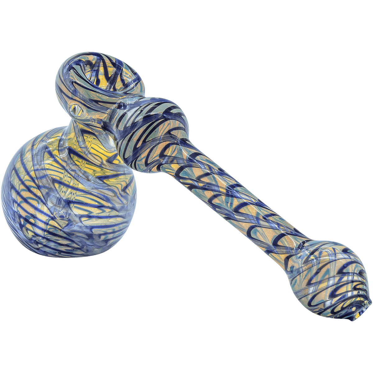 A side view of “The Full Rake” Fumed Hammer Bubbler Pipe, featuring swirling blue and green glass.