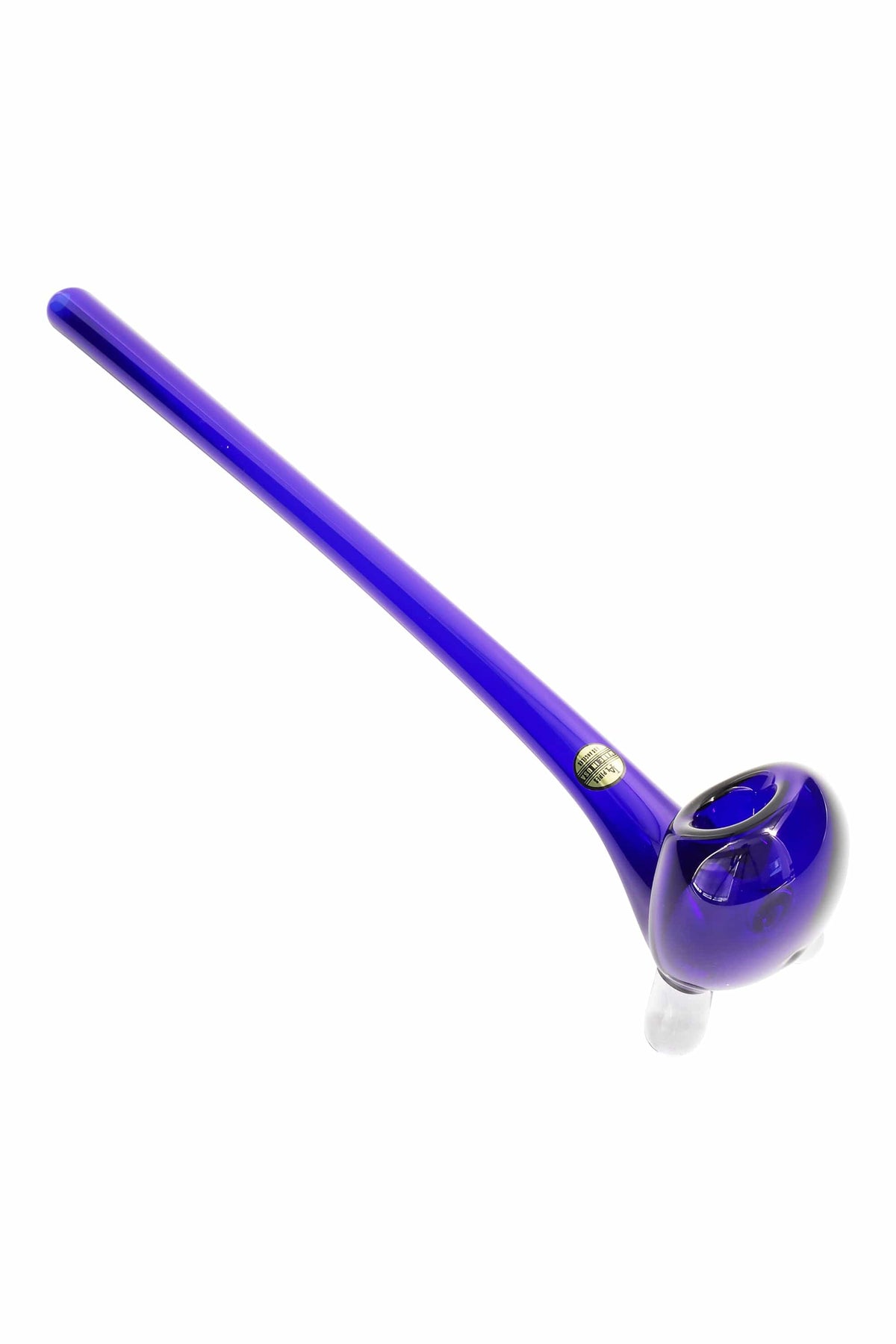 Angled close-up of the deep cobalt LA Pipes "The Gandalf" Pipe showing its long slender stem and rounded bowl against a white background