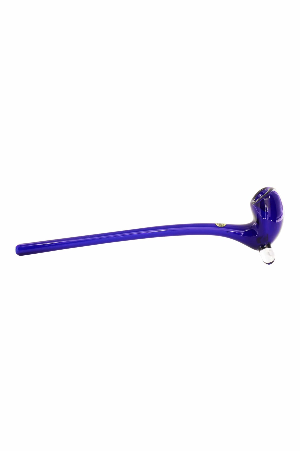 Angled close-up of the deep blue LA Pipes "The Gandalf" Pipe lying horizontally on a white background, showing the long stem and rounded bowl.