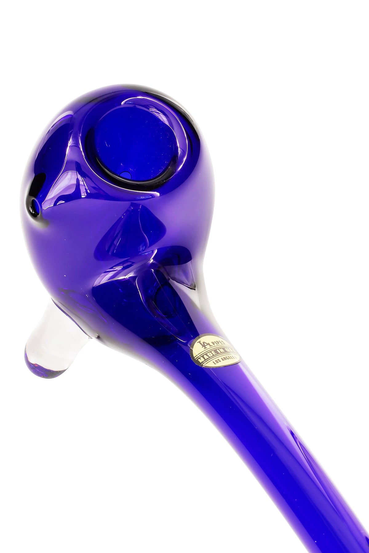 Angled close-up of the cobalt blue LA Pipes "The Gandalf" Pipe showing its bowl, glossy contours, and gold LA Pipes sticker.