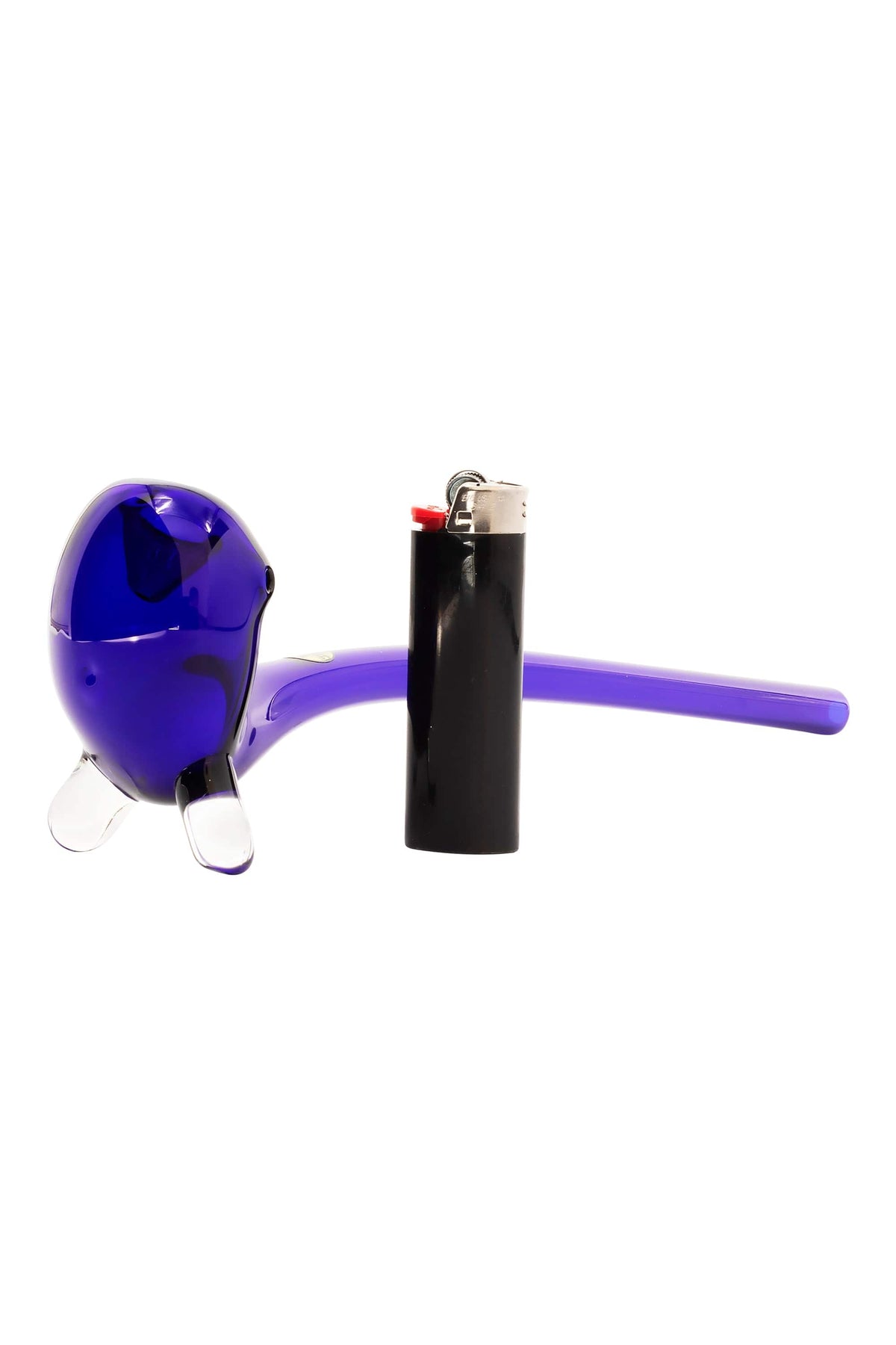 Close-up front view of the deep blue LA Pipes "The Gandalf" Pipe resting horizontally next to a black lighter on a white background.