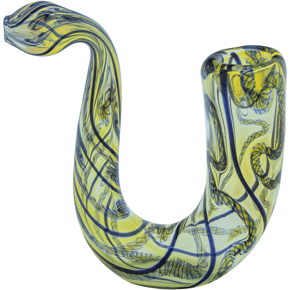 A side view of “The Gentleman’s Sherlock” Sherlock Pipe, showcasing its curved, glass design with subtle color accents.