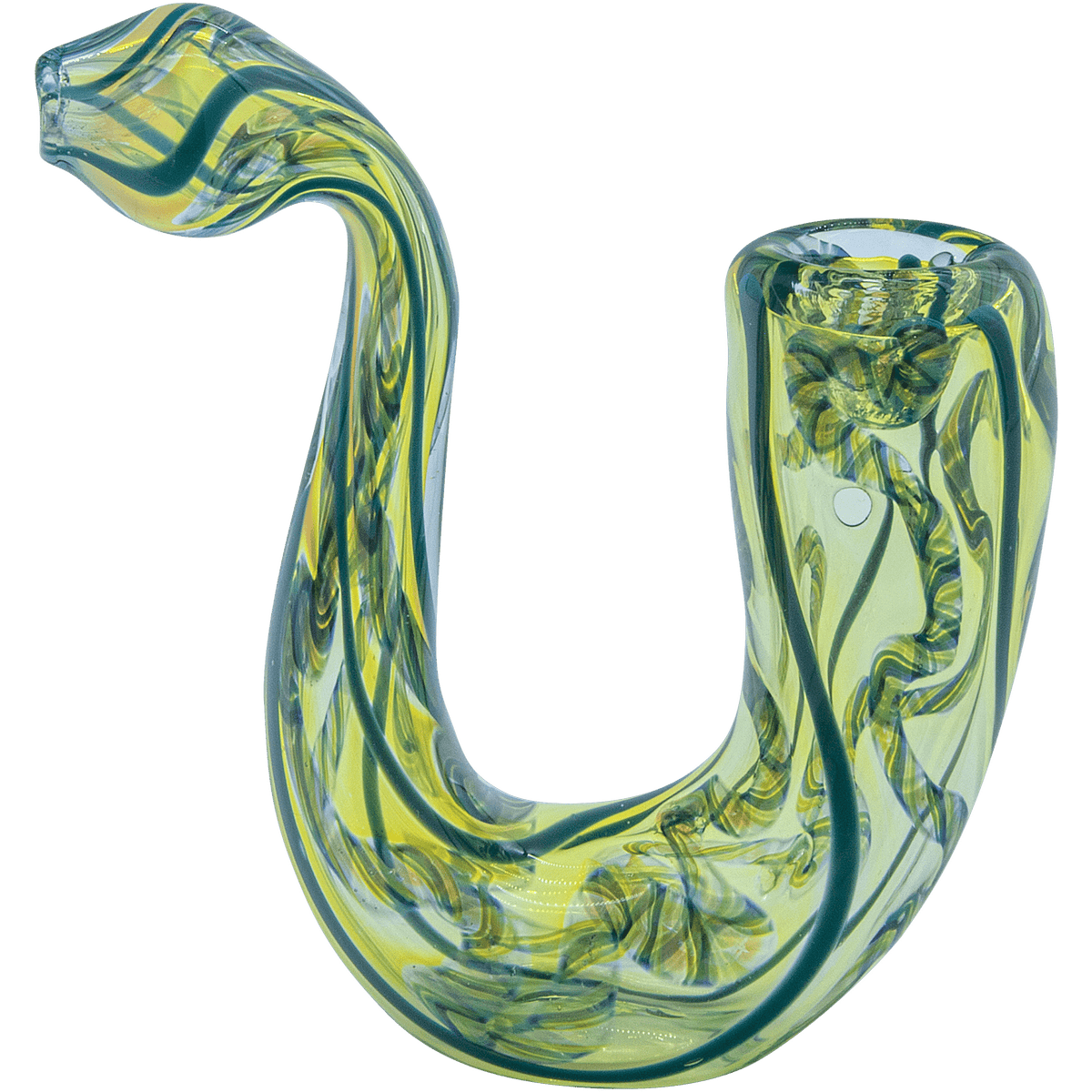 A detailed view of “The Gentleman’s Sherlock” Sherlock Pipe, showcasing the curved glass design and green tint.