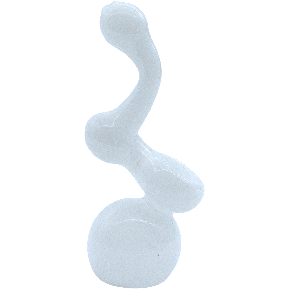 A side view of “The Ivory Sherlock” Glass Sherlock Bubbler Pipe, showcasing its curved glass design against a plain white background.