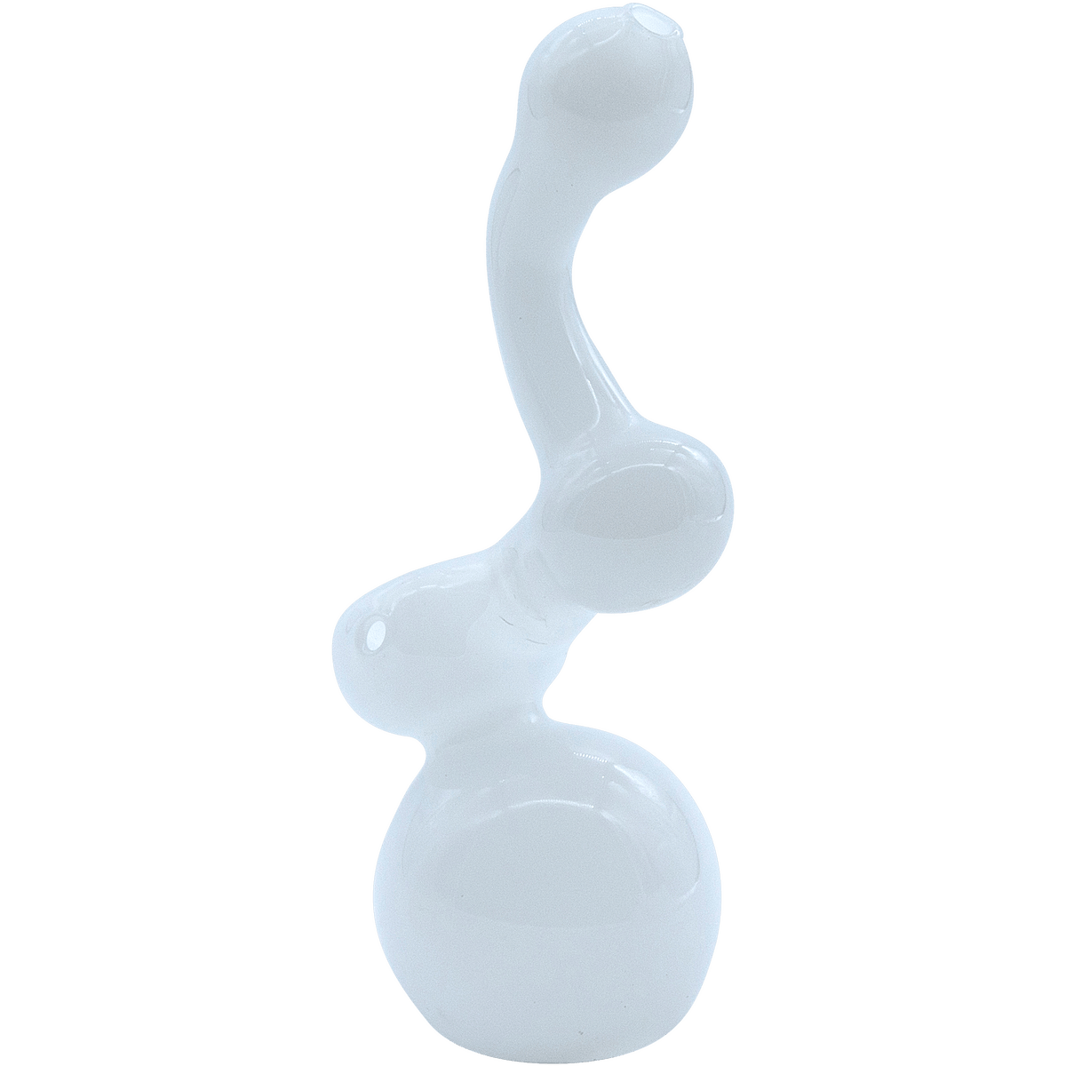 Front view of the "Ivory Sherlock" Glass Sherlock Bubbler Pipe, showcasing its curved design and clear glass construction.