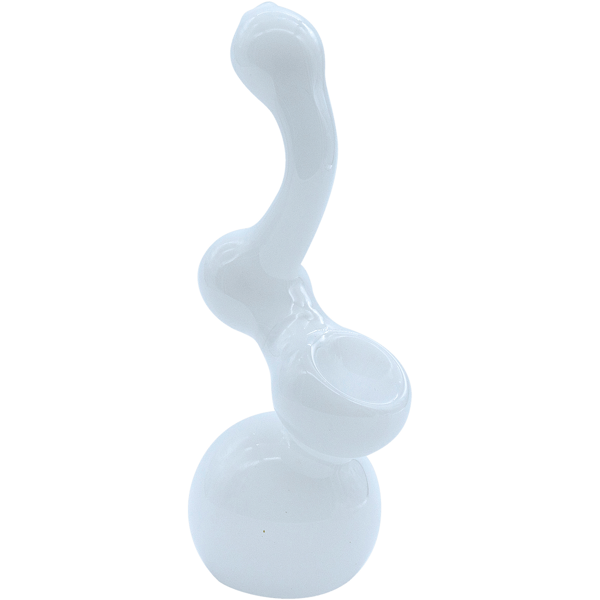 A side view of the “Ivory Sherlock” Glass Sherlock Bubbler Pipe, showcasing its curved form and clear glass construction.