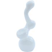 A three-quarter view of the “Ivory Sherlock” Glass Sherlock Bubbler Pipe, showcasing its curved design and clear glass construction.