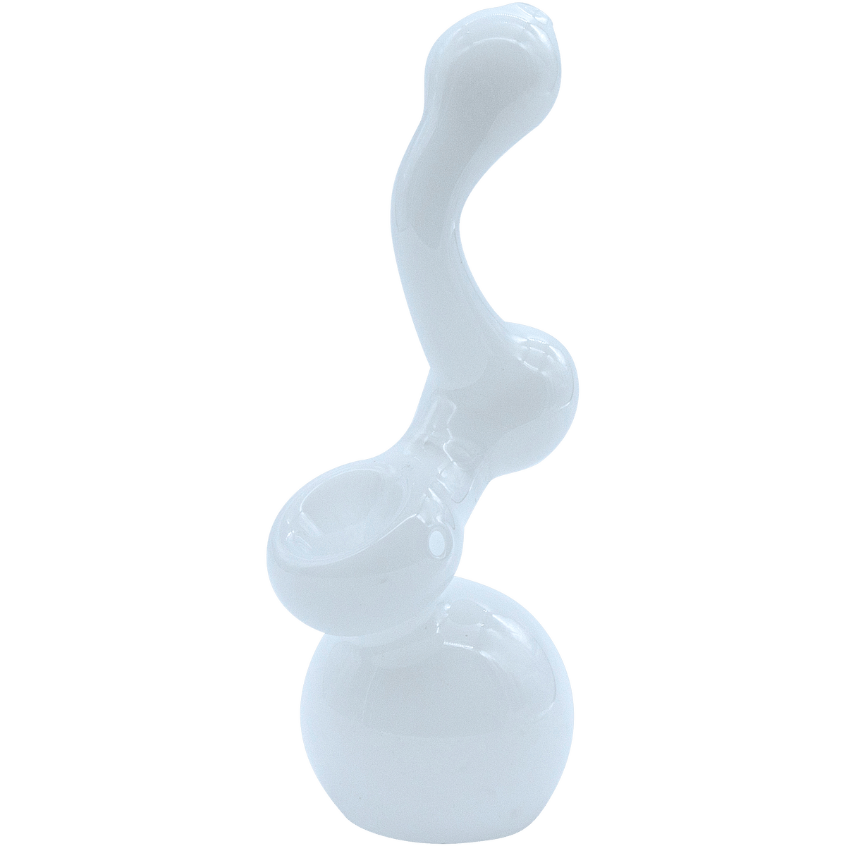 A three-quarter view of the “Ivory Sherlock” Glass Sherlock Bubbler Pipe, showcasing its curved design and clear glass construction.